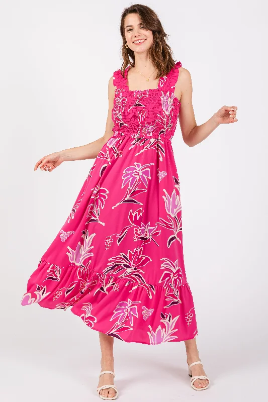 New Arrival Discounts Fuchsia Floral Smocked Midi Dress