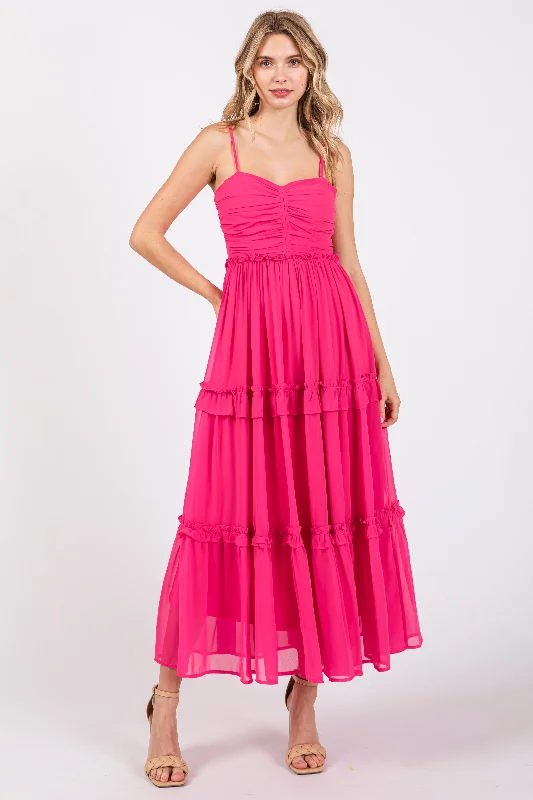 Holiday Special Offers Fuchsia Sleeveless Pleated Ruffle Tiered Midi Dress