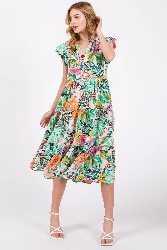 Laid-Back Elegance Green Floral Flutter Sleeve Tiered Midi Dress