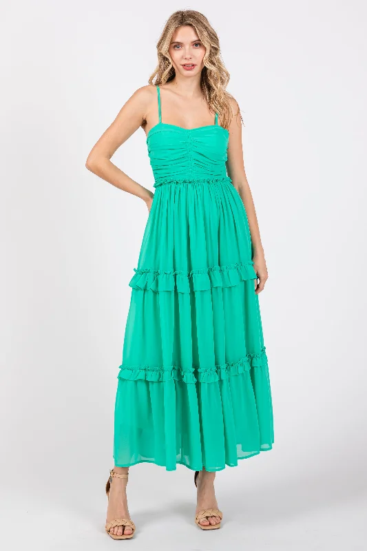 Everyday Fashion Green Sleeveless Pleated Ruffle Tiered Midi Dress