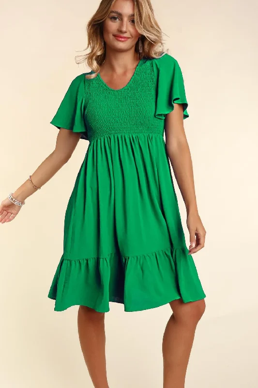 Clothing Woman Green Smocked Ruffle Hem Dress