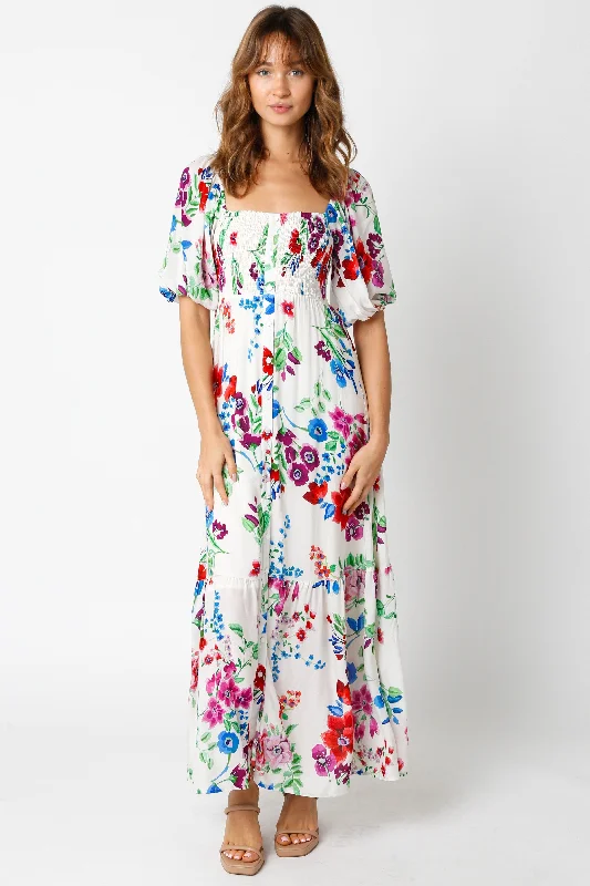 Additional Time-Limited Offers Ivory Floral Front Button Accent Maxi Dress