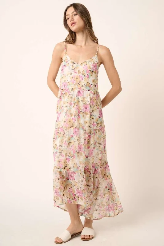 City Fashion Ivory Flower Print V Neck Ruffle Tier Detail Maxi Dress