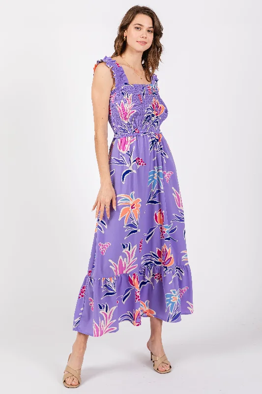 Casual Chic Lavender Floral Smocked Midi Dress