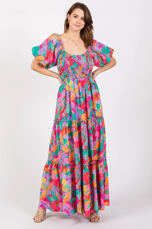 Stylish Savings Lavender Multi Color Floral Puff Sleeve Maxi Dress