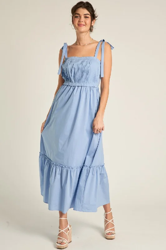 Trend Alert Light Blue Pleated Shoulder Tie Midi Dress