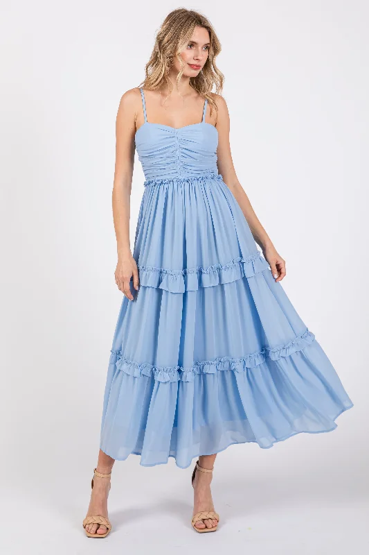 Woman Clothing Light Blue Sleeveless Pleated Ruffle Tiered Midi Dress