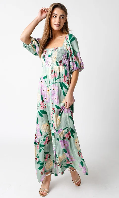 Explore What's New Light Green Floral Front Button Maxi Dress