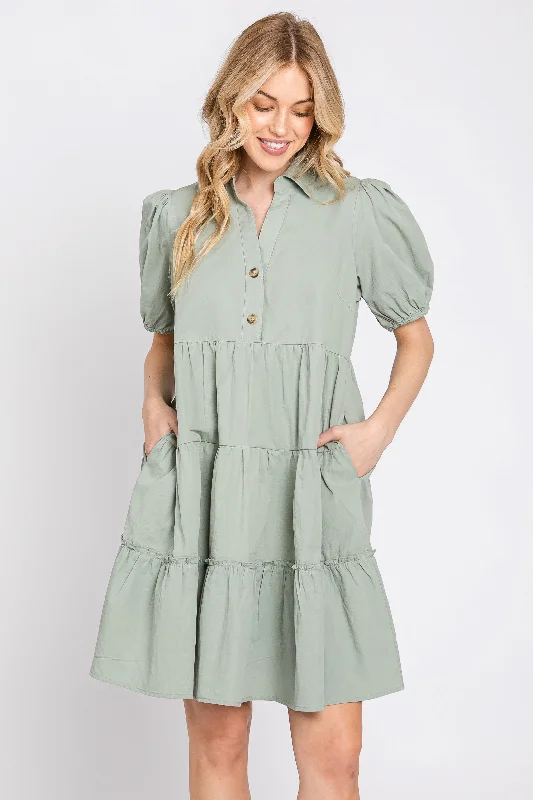 Boho Chic Fashion Light Olive Collared Tiered Dress