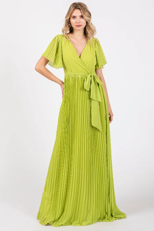 Edgy Fashion Lime Chiffon Wrap Front V-Neck Short Sleeve Pleated Maxi Dress