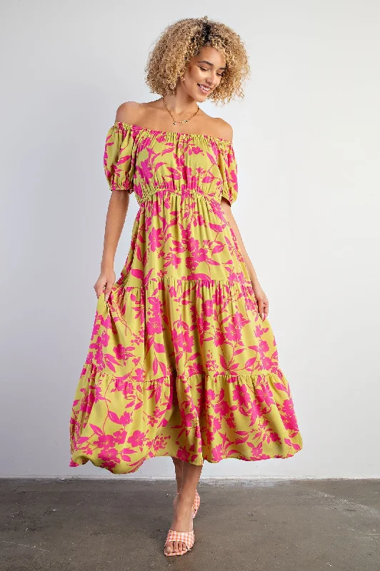 Boutique Dress Online Lime Floral Off Shoulder Puff Sleeve Midi Dress