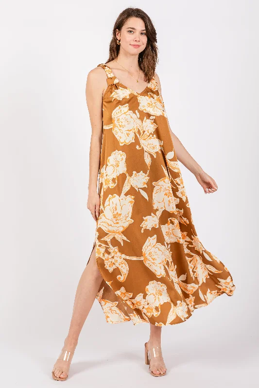 Elegant Clothing Mocha Floral Ruched Strap V-Neck Midi Dress