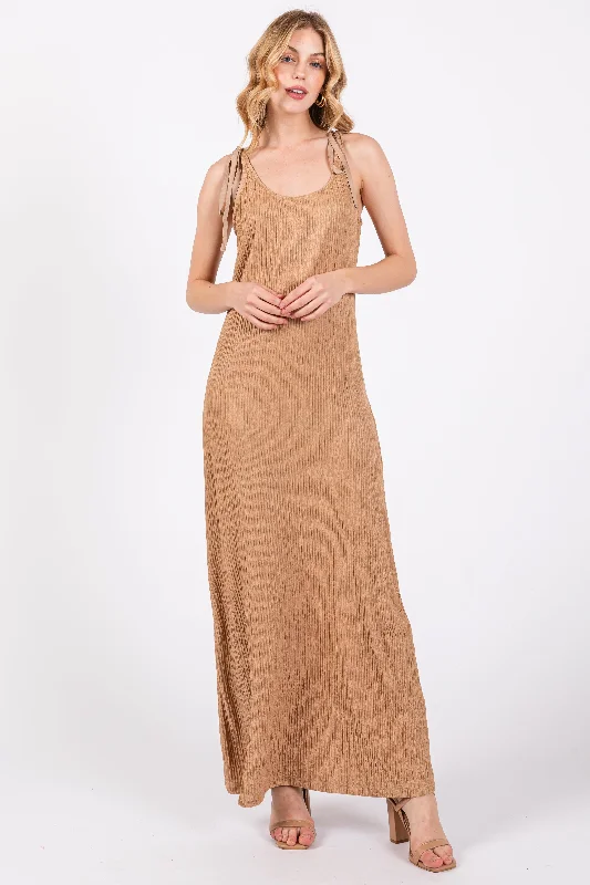 Vibrant Femme Fashion Mocha Textured Tie Strap Midi Dress