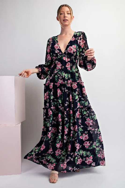 Contemporary Women's Clothing Navy Blue Floral Chiffon Ruffle Tiered Maxi Dress