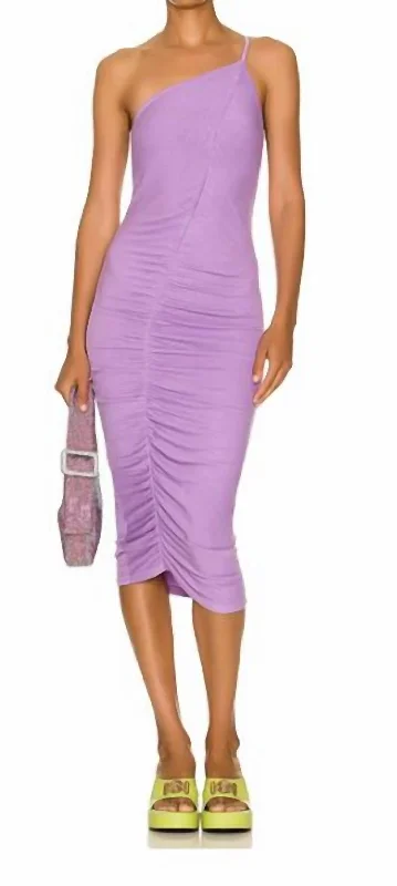 High End Women's Wear One Shoulder Ruched Midi In Dark Lavender