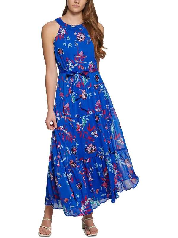 Classic Women's Clothing Styles Petites Womens Floral Print Tea-Length Halter Dress