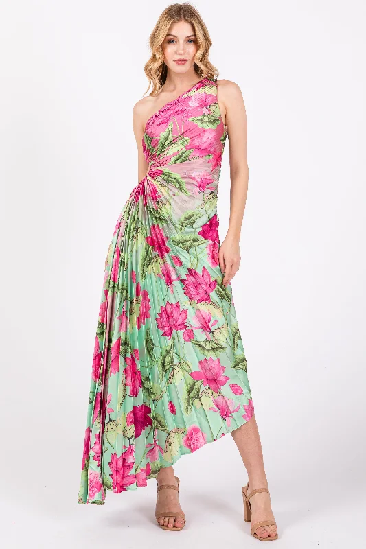 Trendy Women's Dresses Online Pink Floral Pleated One Shoulder Cutout Dress