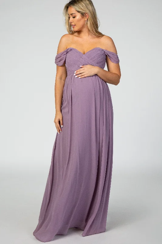 Fashion Essentials PinkBlush Lavender Off Shoulder Chiffon Maxi Maternity Dress