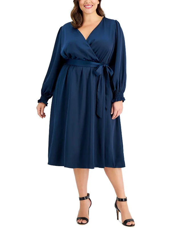 Durable Fashion Picks Plus Womens Satin Faux Wrap Midi Dress