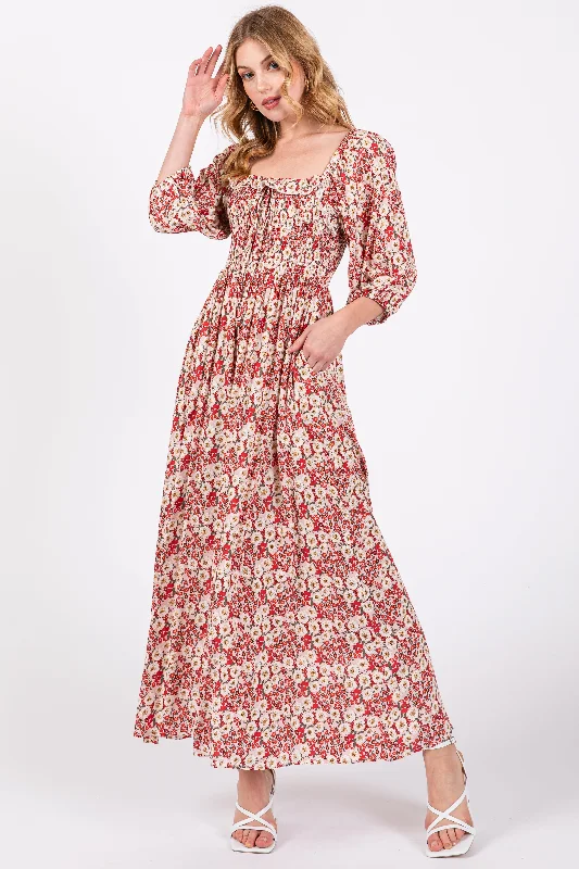 Fashion Sale Red Abstract Floral Smocked Maxi Dress