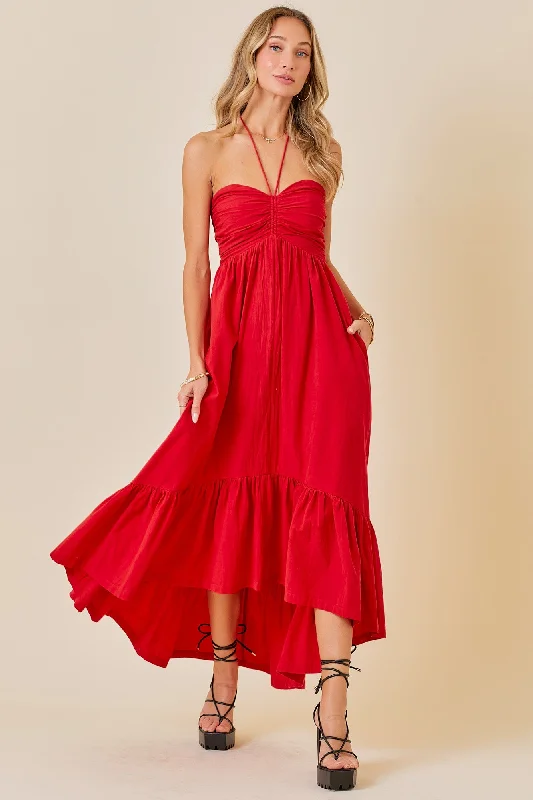 Outfits For Girls Red Halter Neck High-Low Hem Dress