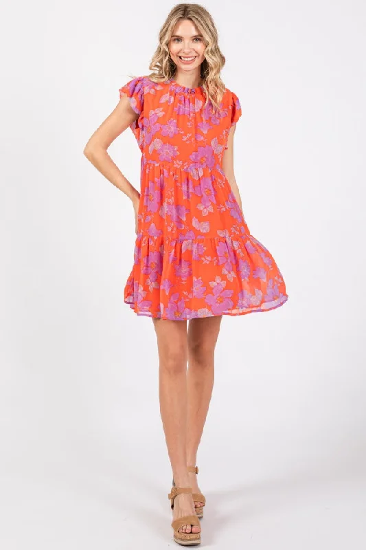 Embrace New Fashion Red Orange Floral Tiered Mini Dress