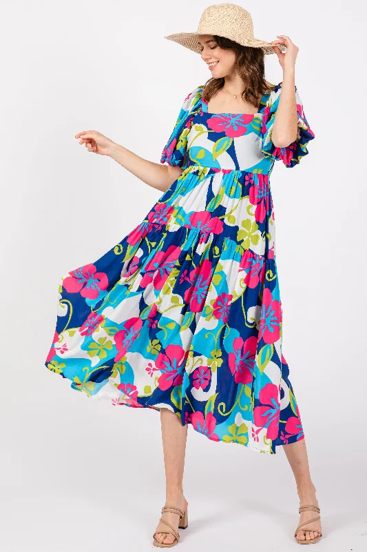 Affordable Online Boutique Royal Floral Tiered Puff Sleeve Midi Dress