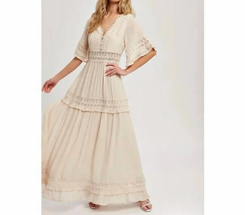 Chic & Cozy Apparel V Neck Maxi Dress In Beige