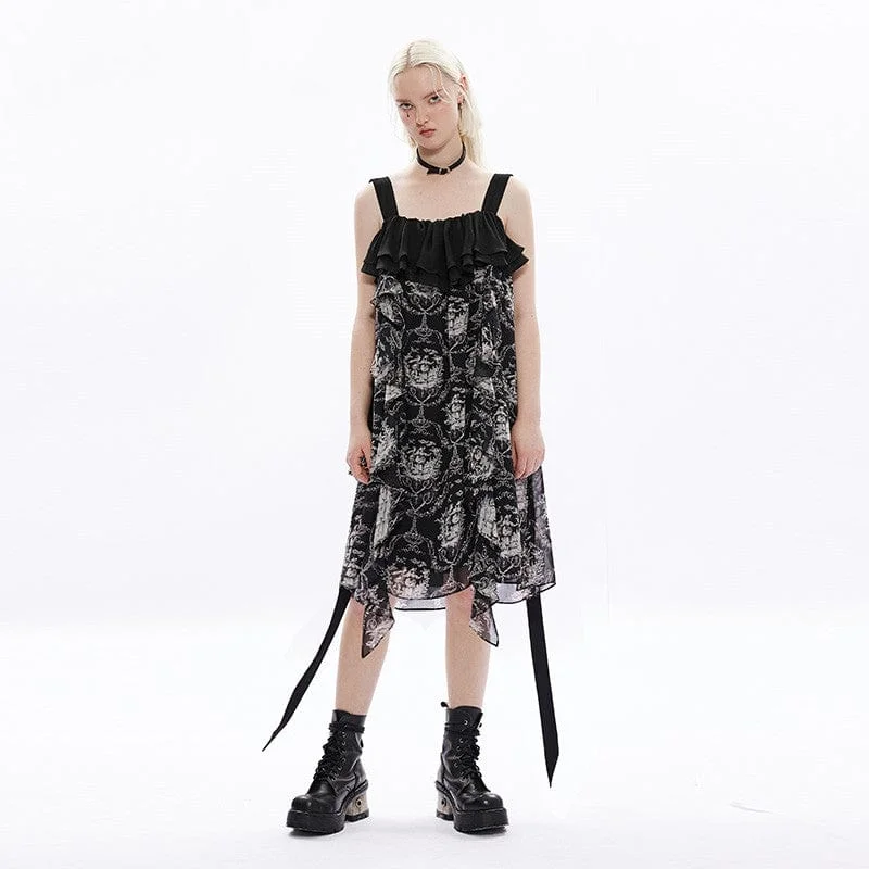 Sales For Clothes Women's Gothic Cat Printed Chiffon Slip Dress