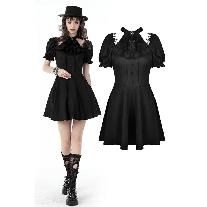 Seasonal Sale Women's Gothic Cutout Puff Sleeved Black Little Dress