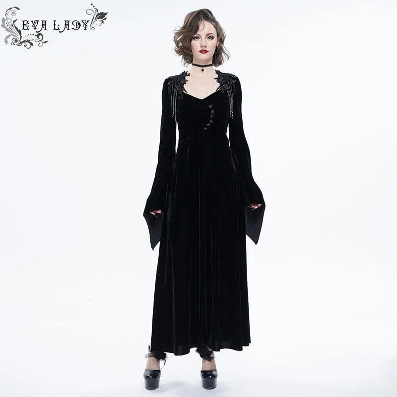 Unleash Your Trendy Side Women's Gothic Flare Sleeved Velet Maxi Wedding Dress with Shoulder Boards Black