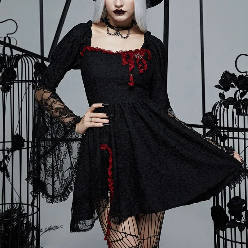 Clothes For Woman Women's Gothic Flared Sleeved Lace Splice Dress