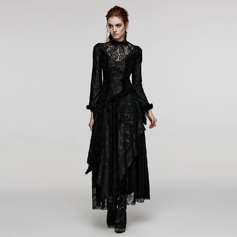 Latest Fashion Women's Gothic Flared Sleeved Mesh Splice Lace Wedding Dress