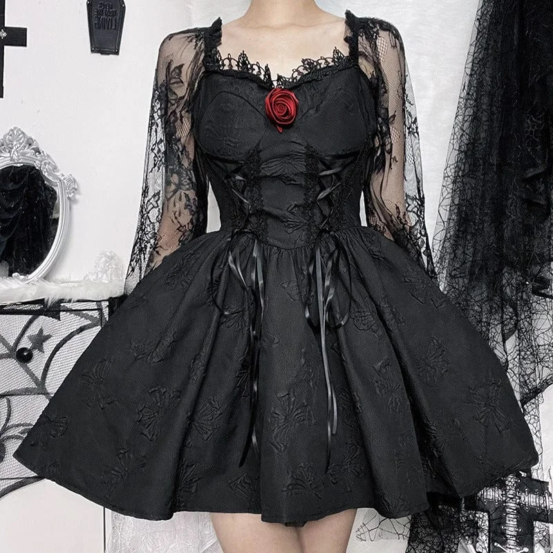 Online Boutique Clothing Women's Gothic Lace Sleeved Rose Draped Dress