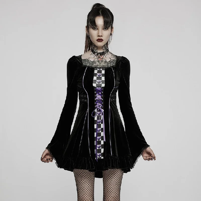 Clothing Sales Women's Gothic Lolita Contrast Color Flare Sleeved Velet Dress