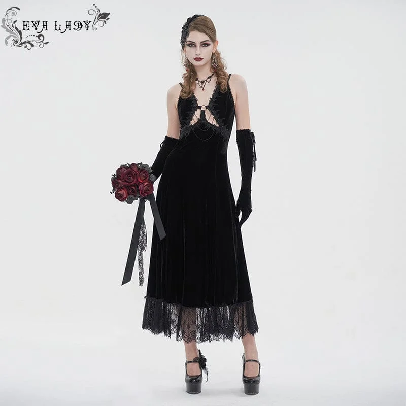 Fashion Essentials Women's Gothic Plunging Lace-up Lace Hem Slip Dress Black