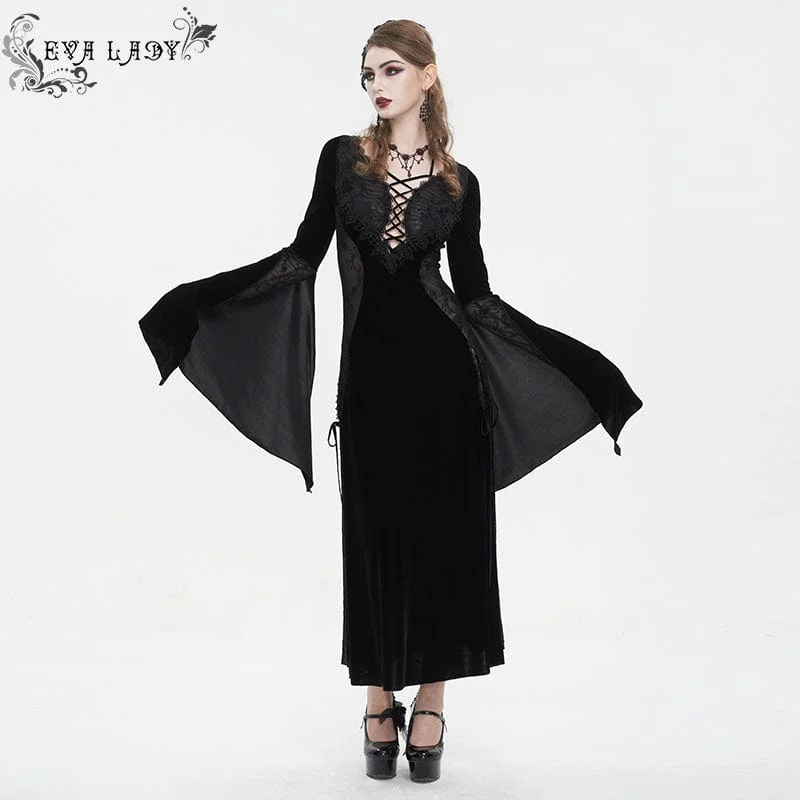 Current Trends Women's Gothic Plunging Mesh Splice Velvet Wedding Dress