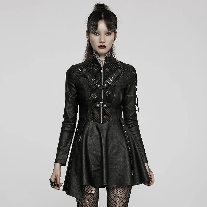 Women Wear Brands Women's Gothic Punk Front Zip Faux Leather Long Sleeved Dress