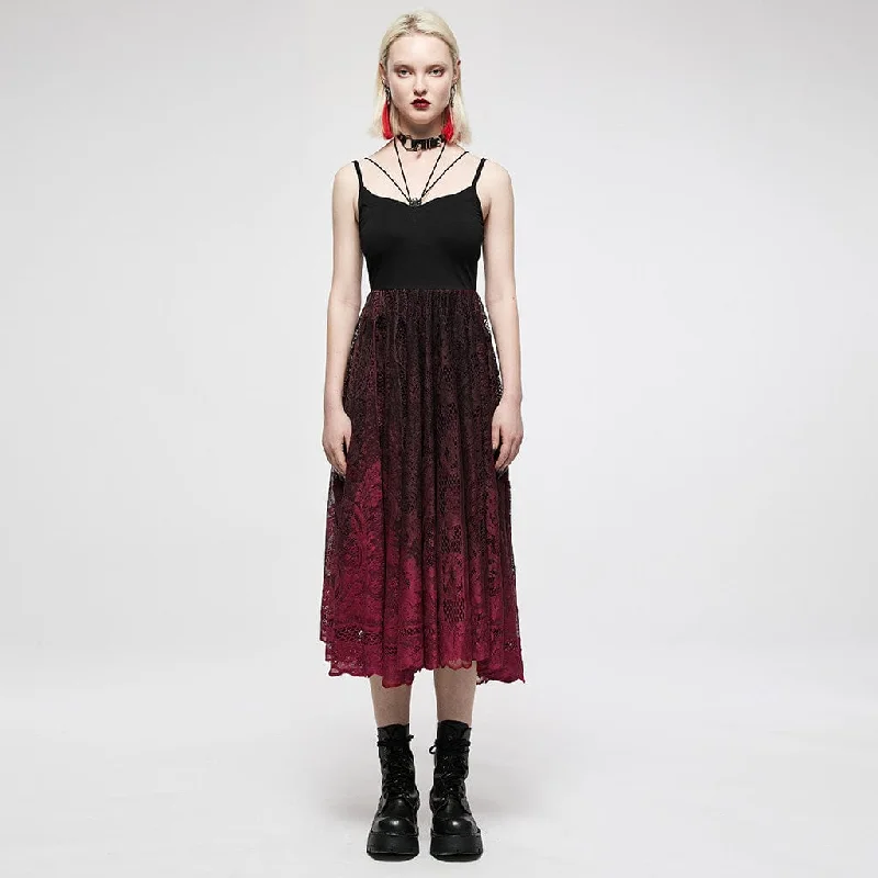 Summer Deals Women's Gothic Red Gradient Floral Lace Slip Dress