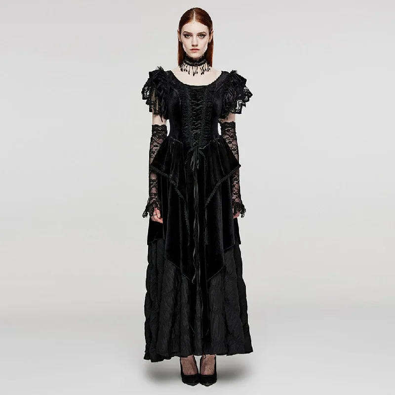 Imeless Style Women's Gothic Ruffled Layered Velvet Wedding Dress with Oversleeves