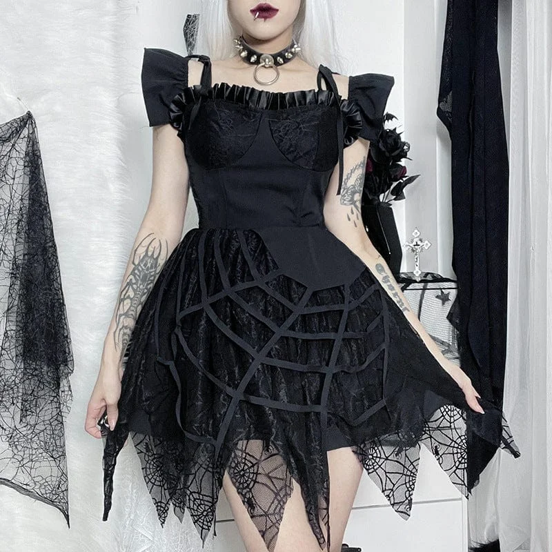 Women Wear Online Women's Gothic Spider Web Mesh Splice Dress