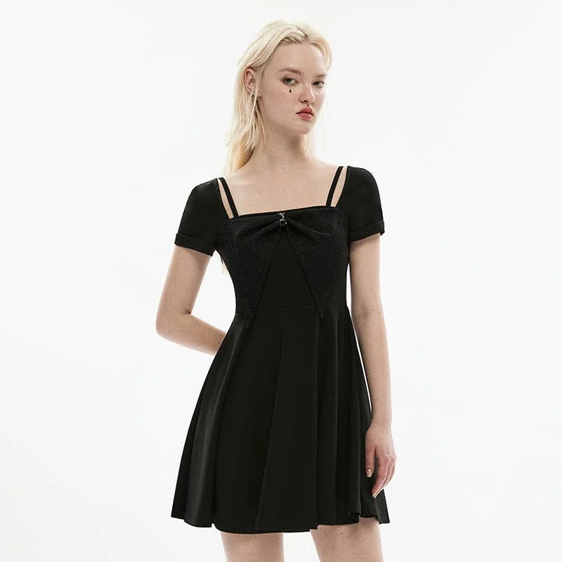 Style Breakthroughs Women's Gothic Square Collar Bowknot Black Little Dress