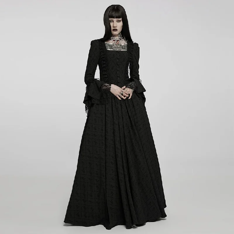 Chic Outfits Women's Gothic Square Collar Flare Sleeved Lace Maxi Dress Wedding Dress