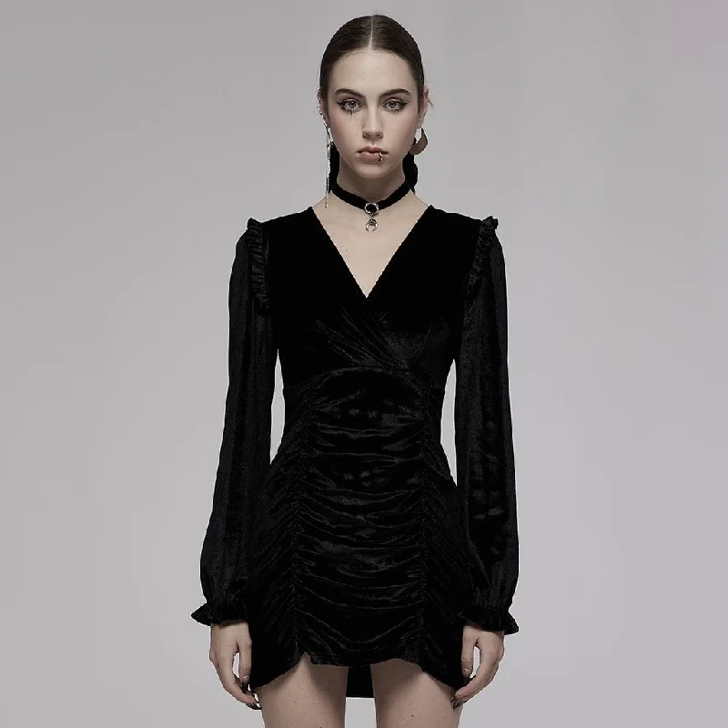 Exclusive Sale Women's Gothic V-neck Ruffles Long Sleeved Velet Dress