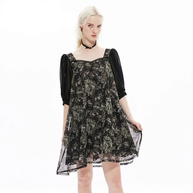 Elegant Women's Clothing Women's Gothic Vintage Puff Sleeved Cat Printed Chiffon Dress