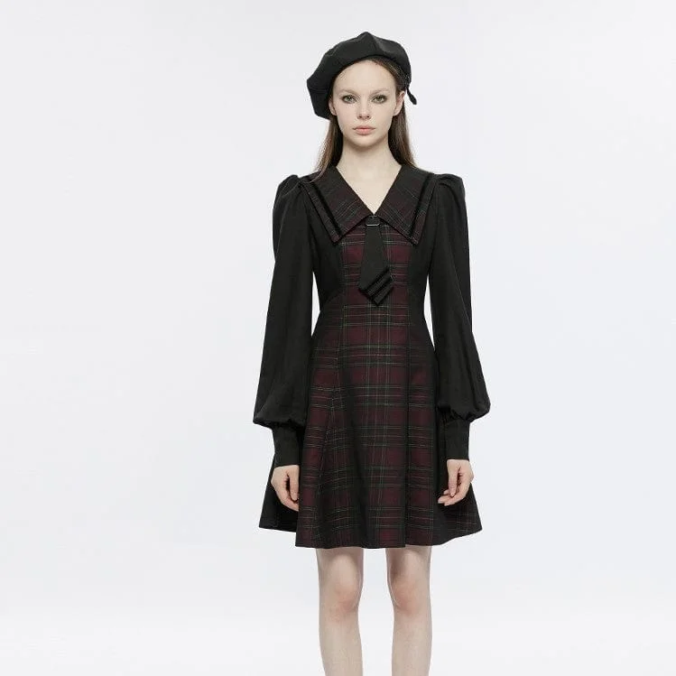 Women's Activewear for Exercise and Sports Women's Grunge Doll Collar Plaid Dress with Tie