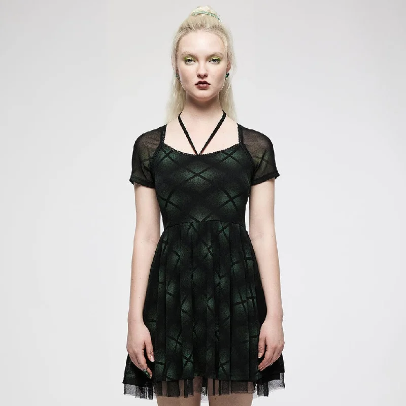 Gift Ideas Women's Grunge Halterneck Green Plaid Mesh Dress