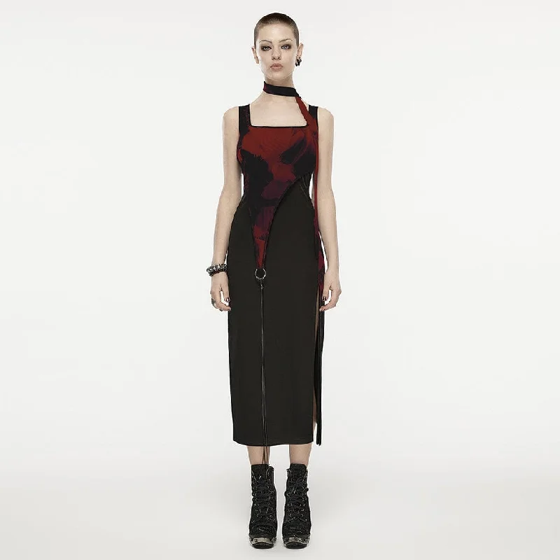 Elegant Fashion Women's Grunge Ink Printed Split Slip Dress with Neckwear