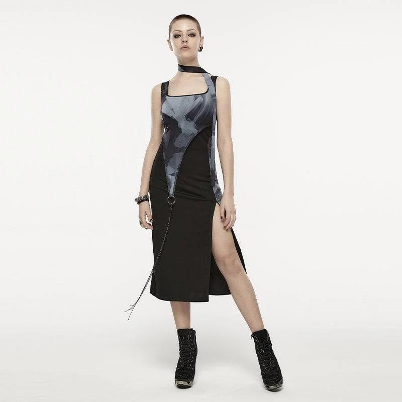 Minimalist Style Women's Grunge Ink Printed Split Slip Dress with Neckwear