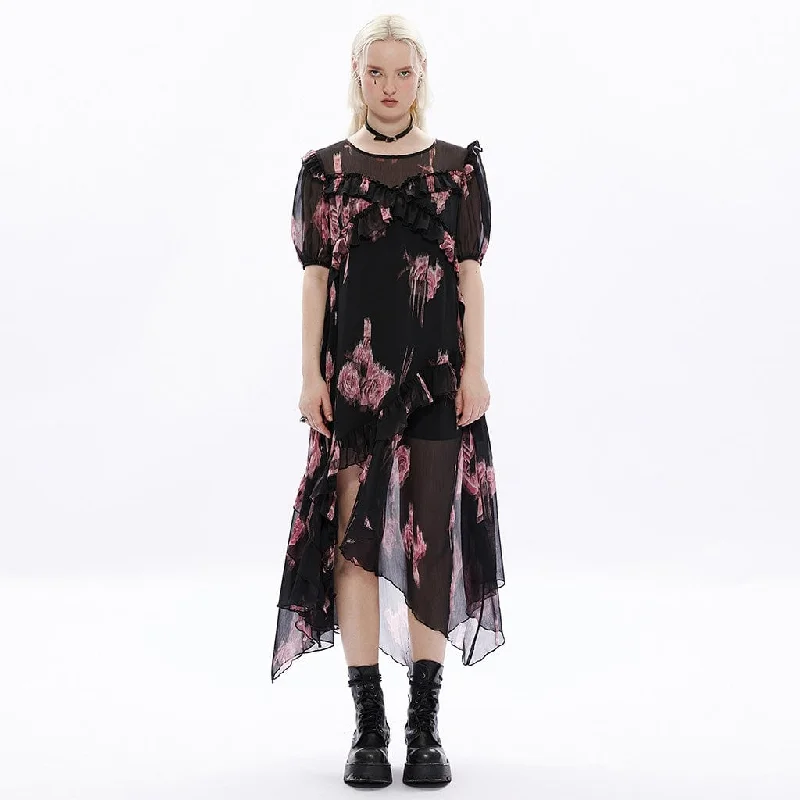 Chic Women's Clothing for Date Nights Women's Grunge Irregular Floral Printed Ruffled Dress